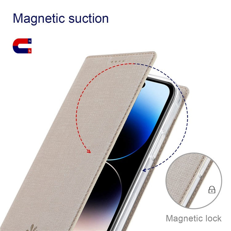 VILI DMX Series PU Leather Case for iPhone 14 Pro Max, Magnetic Absorption Stand Card Slot Flip Cover - Khaki