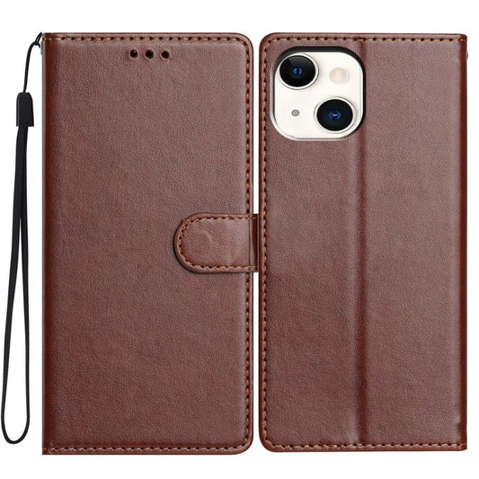 For iPhone 14 Leather Phone Case Wallet Stand Cover with Handy Strap - Brown