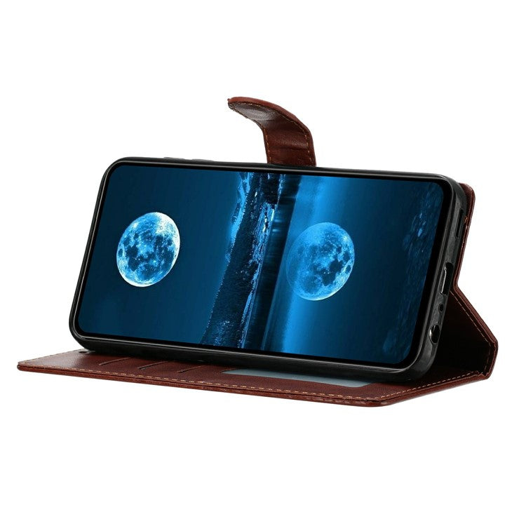 For iPhone 14 Leather Phone Case Wallet Stand Cover with Handy Strap - Brown