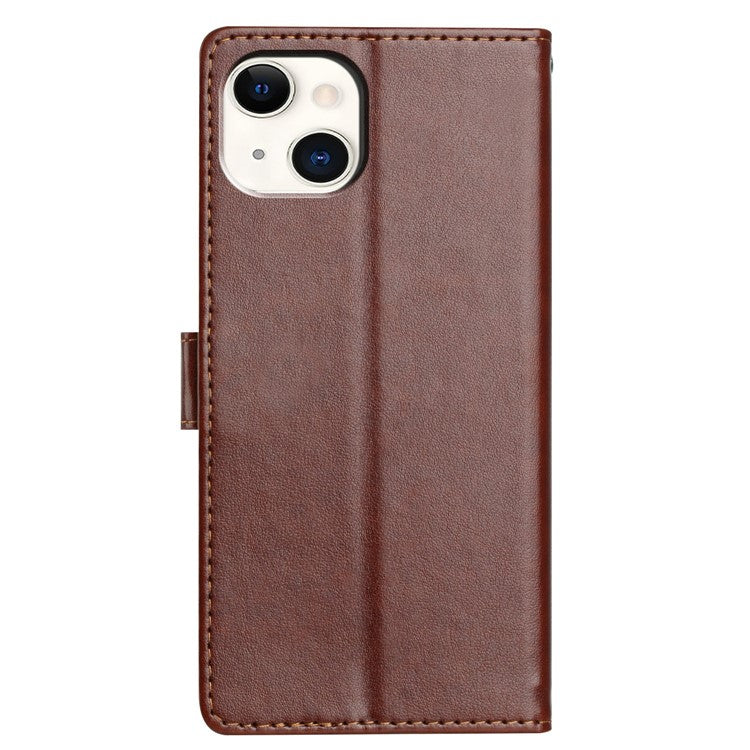 For iPhone 14 Leather Phone Case Wallet Stand Cover with Handy Strap - Brown