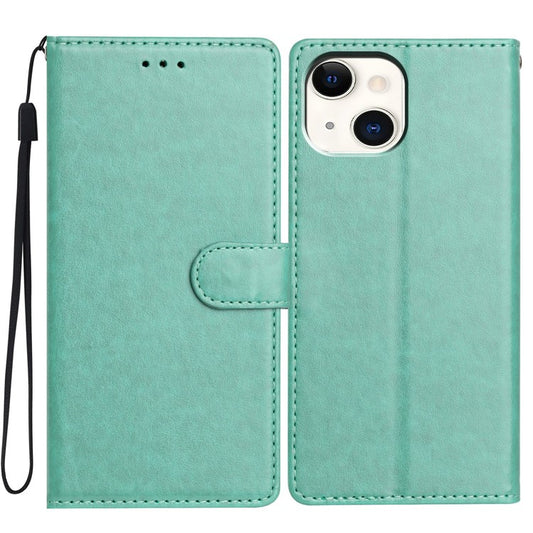 For iPhone 14 Plus Leather Phone Case Wallet Stand Cover with Handy Strap - Green