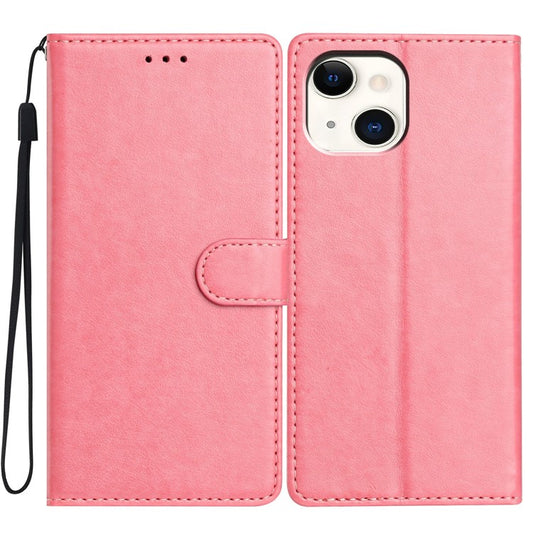 For iPhone 14 Plus Leather Phone Case Wallet Stand Cover with Handy Strap - Pink