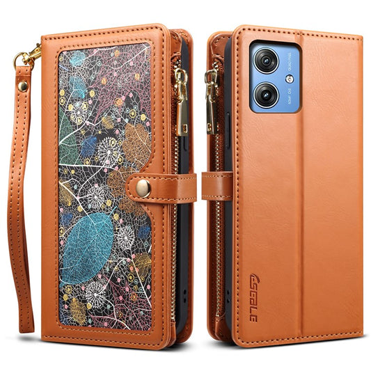 ESEBLE Galaxy Series For Motorola Moto G55 5G Case Leather Zipper Phone Cover RFID Blocking - Brown