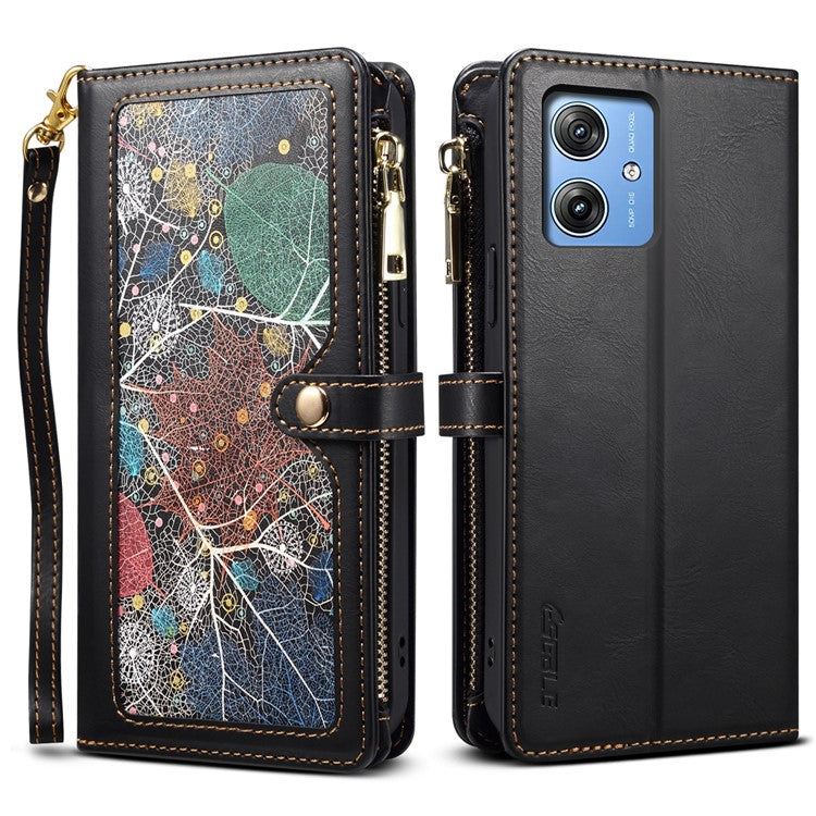ESEBLE Galaxy Series For Motorola Moto G55 5G Case Leather Zipper Phone Cover RFID Blocking - Black