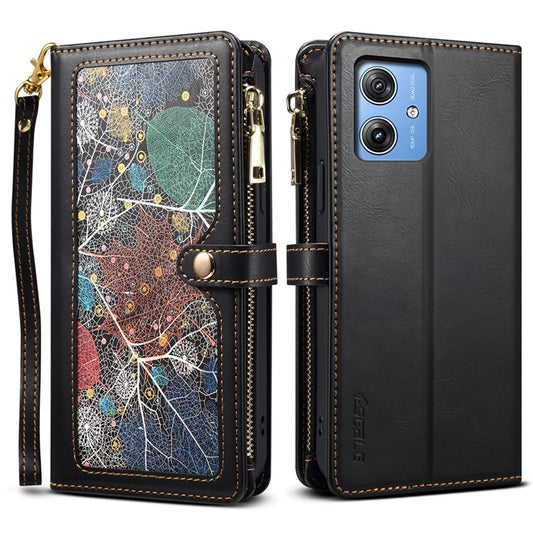 ESEBLE Galaxy Series For Motorola Moto G55 5G Case Leather Zipper Phone Cover RFID Blocking - Black