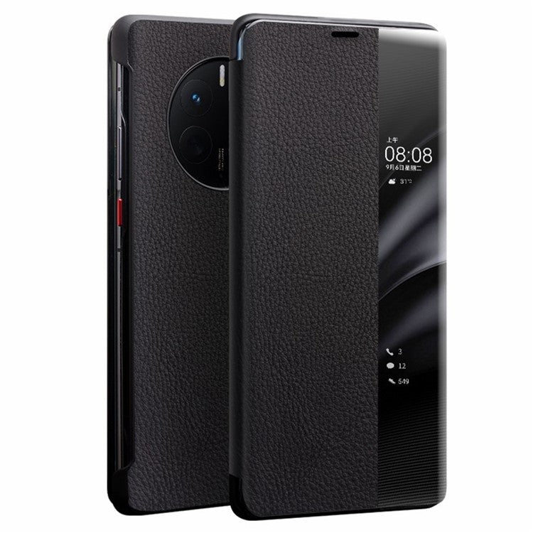 QIALINO For Huawei Mate 50 Pro 4G View Window Genuine Leather Folio Flip Phone Case Touch Slide Button Auto Wake / Sleep Cover - Black