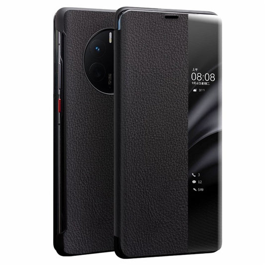 QIALINO For Huawei Mate 50 Pro 4G View Window Genuine Leather Folio Flip Phone Case Touch Slide Button Auto Wake / Sleep Cover - Black