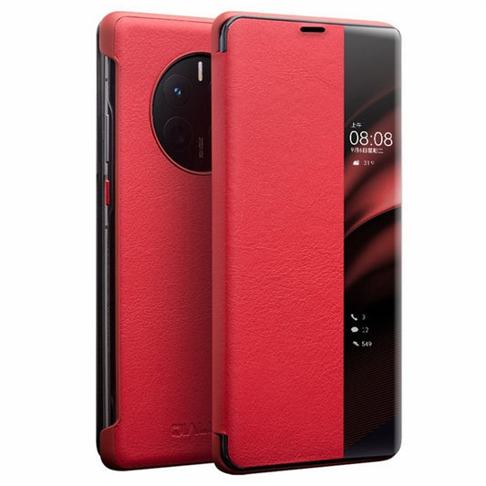 QIALINO For Huawei Mate 50 Pro 4G View Window Genuine Leather Folio Flip Phone Case Touch Slide Button Auto Wake / Sleep Cover - Red
