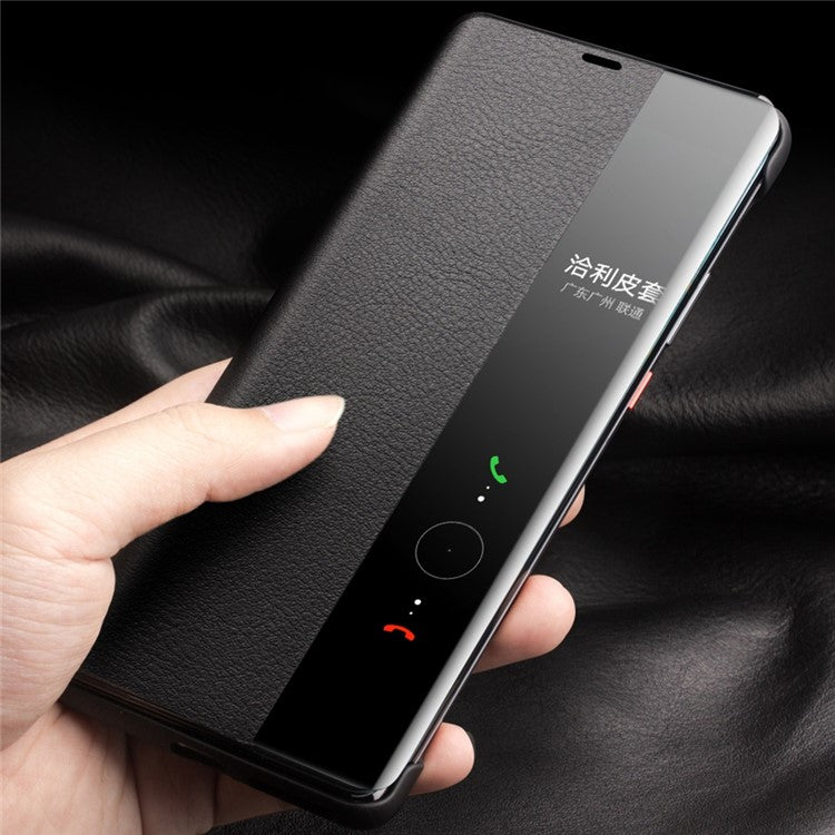 QIALINO For Huawei Mate 50 Pro 4G View Window Genuine Leather Folio Flip Phone Case Touch Slide Button Auto Wake / Sleep Cover - Red