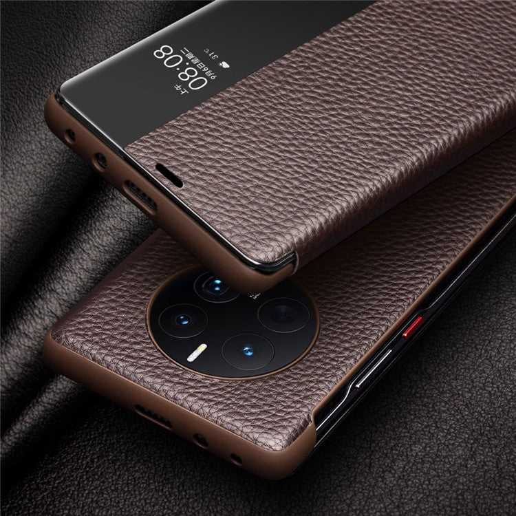 QIALINO For Huawei Mate 50 Pro 4G View Window Genuine Leather Folio Flip Phone Case Touch Slide Button Auto Wake / Sleep Cover - Red