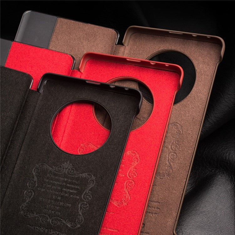 QIALINO For Huawei Mate 50 Pro 4G View Window Genuine Leather Folio Flip Phone Case Touch Slide Button Auto Wake / Sleep Cover - Red