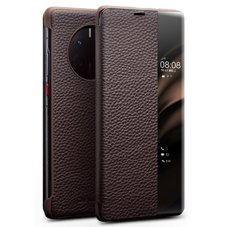 QIALINO For Huawei Mate 50 4G / Mate 50E 4G View Window Genuine Leather Touch Slide Button Phone Case with Auto Wake / Sleep - Dark Brown