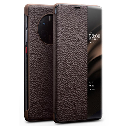 QIALINO For Huawei Mate 50 4G / Mate 50E 4G View Window Genuine Leather Touch Slide Button Phone Case with Auto Wake / Sleep - Dark Brown