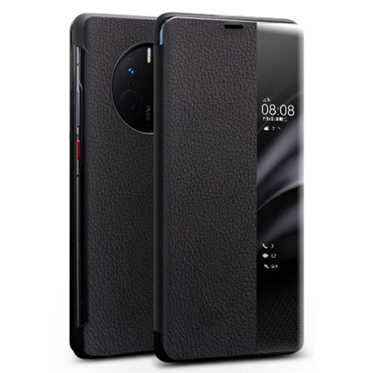 QIALINO For Huawei Mate 50 4G / Mate 50E 4G View Window Genuine Leather Touch Slide Button Phone Case with Auto Wake / Sleep - Black