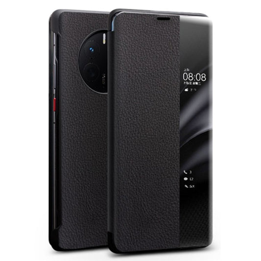 QIALINO For Huawei Mate 50 4G / Mate 50E 4G View Window Genuine Leather Touch Slide Button Phone Case with Auto Wake / Sleep - Black