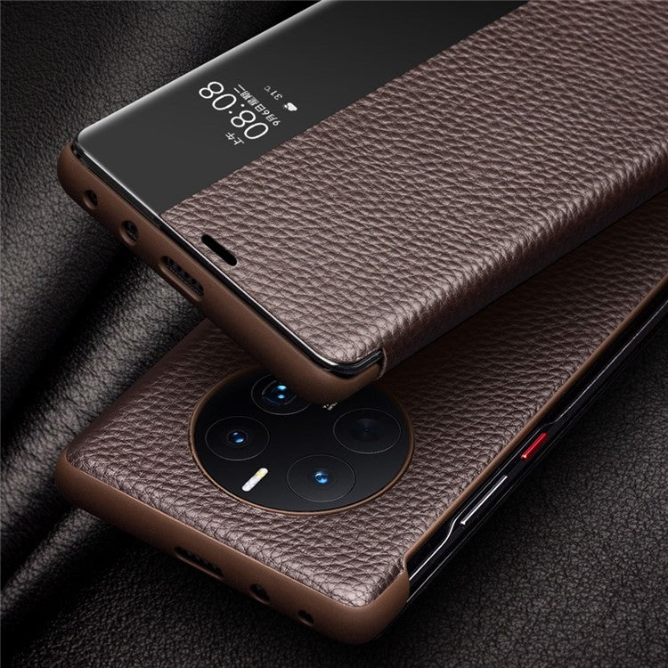 QIALINO For Huawei Mate 50 4G / Mate 50E 4G View Window Genuine Leather Touch Slide Button Phone Case with Auto Wake / Sleep - Black