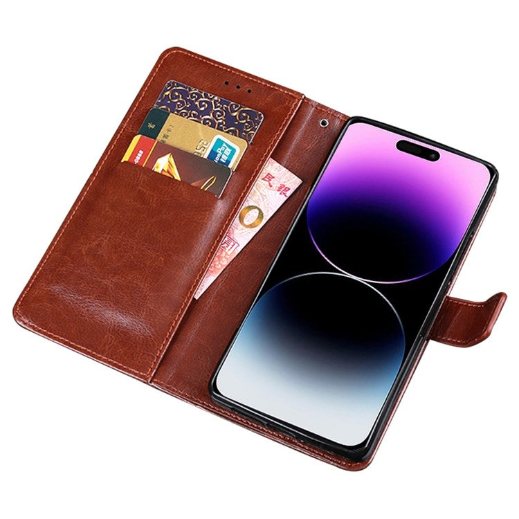 IDEWEI Phone Wallet Case for iPhone 14 Pro Max, Anti-fall Crazy Horse Textured PU Leather Phone Shell Magnetic Closure Flip Cover Stand - Rose
