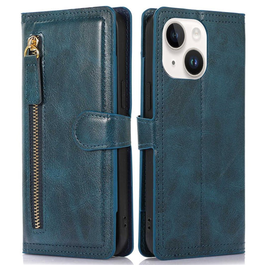 Anti-fall Phone Case For iPhone 14 Plus Zipper Pocket Wallet Stand Scratch-resistant PU Leather Phone Flip Cover with Magnetic Buckle - Blue