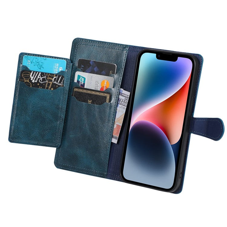 Anti-fall Phone Case For iPhone 14 Plus Zipper Pocket Wallet Stand Scratch-resistant PU Leather Phone Flip Cover with Magnetic Buckle - Blue