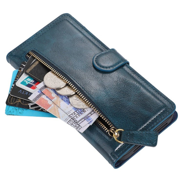 Anti-fall Phone Case For iPhone 14 Plus Zipper Pocket Wallet Stand Scratch-resistant PU Leather Phone Flip Cover with Magnetic Buckle - Blue