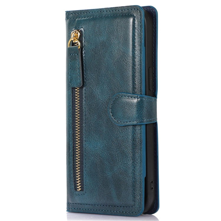 Anti-fall Phone Case For iPhone 14 Plus Zipper Pocket Wallet Stand Scratch-resistant PU Leather Phone Flip Cover with Magnetic Buckle - Blue
