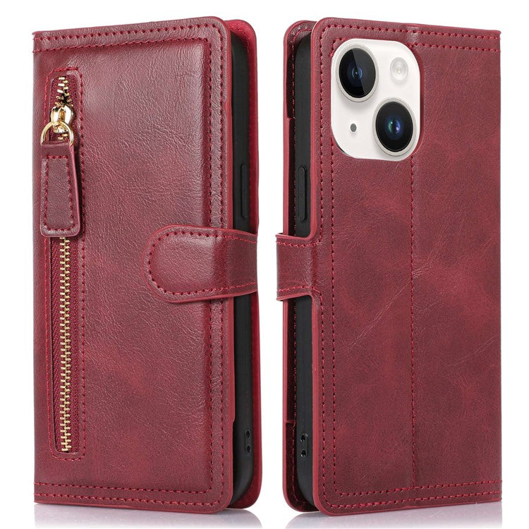 Anti-fall Phone Case For iPhone 14 Plus Zipper Pocket Wallet Stand Scratch-resistant PU Leather Phone Flip Cover with Magnetic Buckle - Red