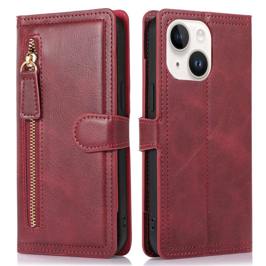 Anti-fall Phone Case For iPhone 14 Plus Zipper Pocket Wallet Stand Scratch-resistant PU Leather Phone Flip Cover with Magnetic Buckle - Red