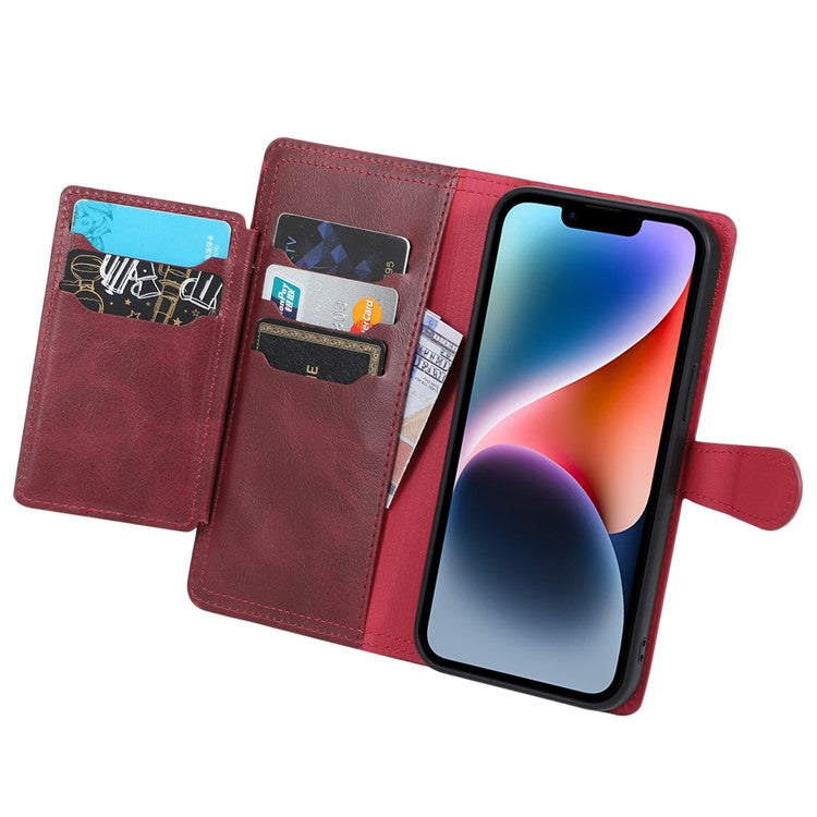 Anti-fall Phone Case For iPhone 14 Plus Zipper Pocket Wallet Stand Scratch-resistant PU Leather Phone Flip Cover with Magnetic Buckle - Red