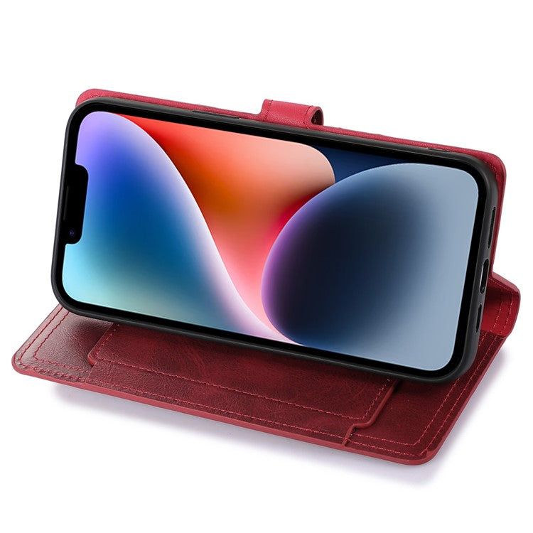 Anti-fall Phone Case For iPhone 14 Plus Zipper Pocket Wallet Stand Scratch-resistant PU Leather Phone Flip Cover with Magnetic Buckle - Red