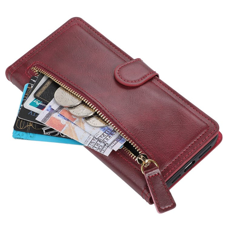 Anti-fall Phone Case For iPhone 14 Plus Zipper Pocket Wallet Stand Scratch-resistant PU Leather Phone Flip Cover with Magnetic Buckle - Red