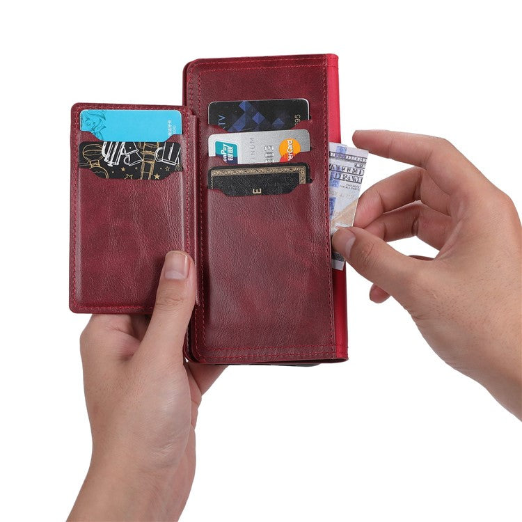 Anti-fall Phone Case For iPhone 14 Plus Zipper Pocket Wallet Stand Scratch-resistant PU Leather Phone Flip Cover with Magnetic Buckle - Red