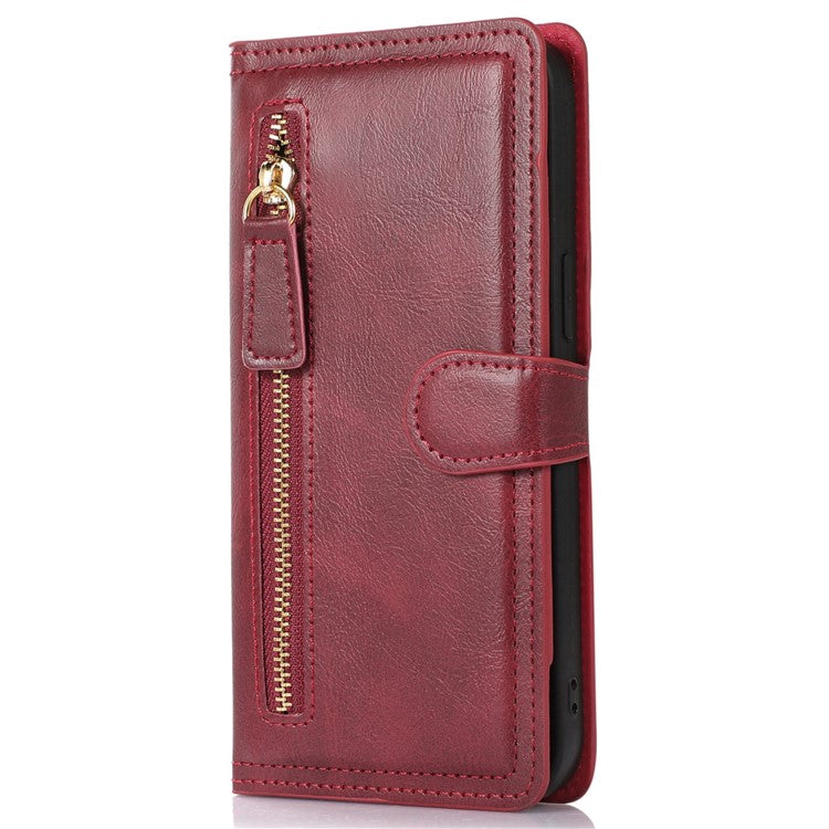 Anti-fall Phone Case For iPhone 14 Plus Zipper Pocket Wallet Stand Scratch-resistant PU Leather Phone Flip Cover with Magnetic Buckle - Red