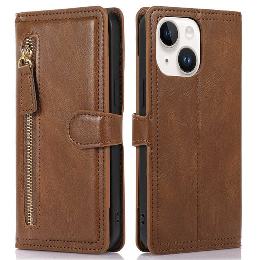 Anti-fall Phone Case For iPhone 14 Plus Zipper Pocket Wallet Stand Scratch-resistant PU Leather Phone Flip Cover with Magnetic Buckle - Brown