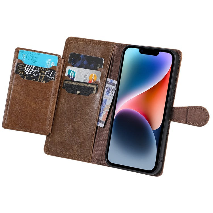 Anti-fall Phone Case For iPhone 14 Plus Zipper Pocket Wallet Stand Scratch-resistant PU Leather Phone Flip Cover with Magnetic Buckle - Brown