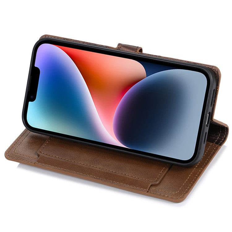 Anti-fall Phone Case For iPhone 14 Plus Zipper Pocket Wallet Stand Scratch-resistant PU Leather Phone Flip Cover with Magnetic Buckle - Brown