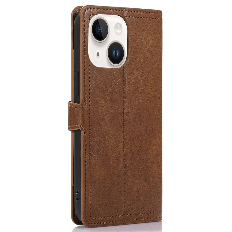 Anti-fall Phone Case For iPhone 14 Plus Zipper Pocket Wallet Stand Scratch-resistant PU Leather Phone Flip Cover with Magnetic Buckle - Brown