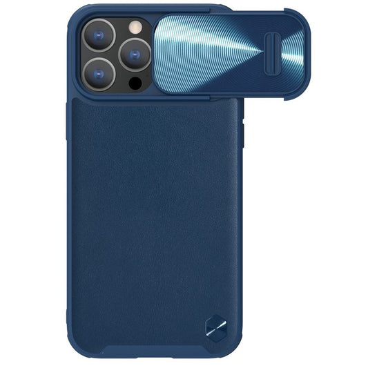 NILLKIN For iPhone 14 Pro PU Leather Coated PC + TPU Case Slide Camera Protection Anti-scratch Phone Cover - Blue