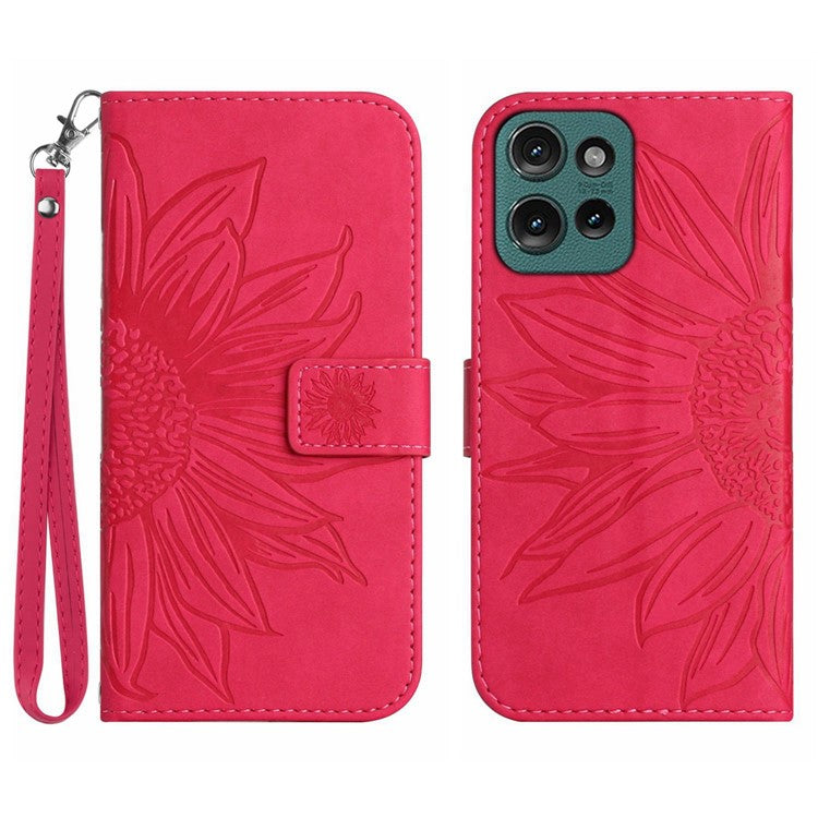 HT04 For Motorola Edge 50 Neo 5G / Moto S50 5G / Thinkphone 25 5G Case Sunflower Imprint Leather Wallet Phone Cover with Wrist Strap - Rose