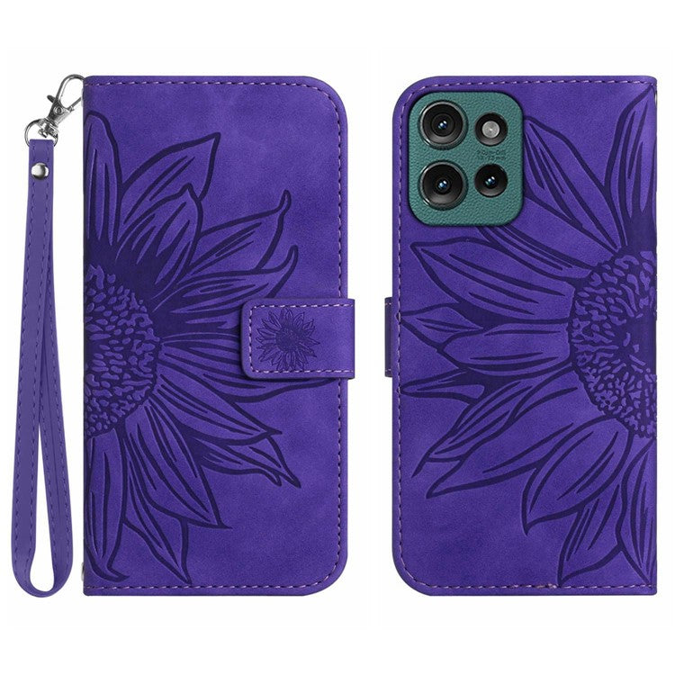HT04 For Motorola Edge 50 Neo 5G / Moto S50 5G / Thinkphone 25 5G Case Sunflower Imprint Leather Wallet Phone Cover with Wrist Strap - Dark Purple