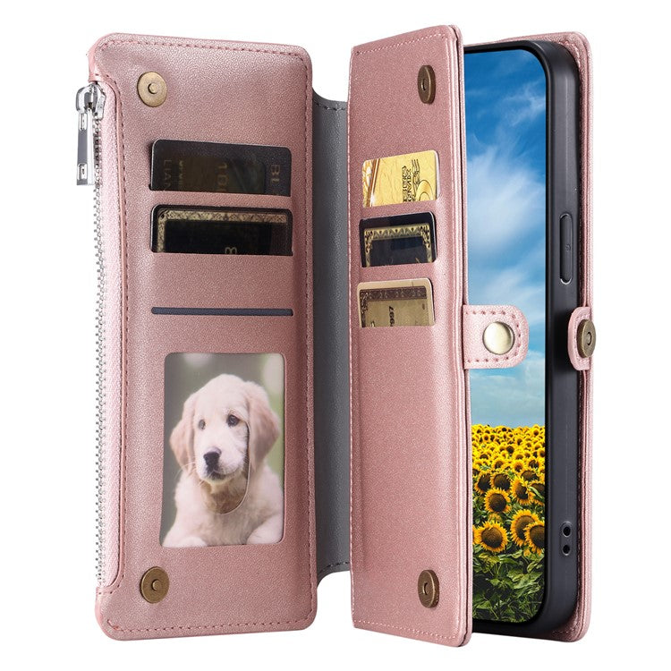 015 Style For Xiaomi Poco C75 4G / Redmi 14R 5G / 14C 4G Case TPU+PU Leather Wallet Phone Cover with Straps - Rose Gold
