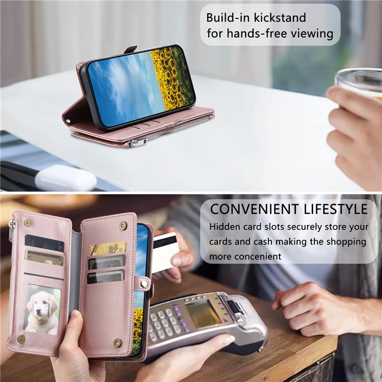 015 Style For Xiaomi Poco C75 4G / Redmi 14R 5G / 14C 4G Case TPU+PU Leather Wallet Phone Cover with Straps - Rose Gold