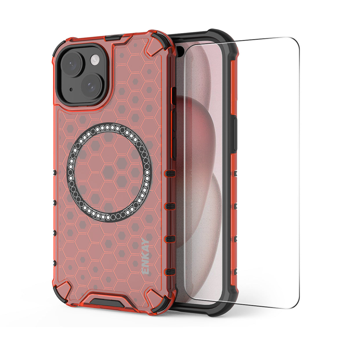 For iPhone 14 Plus ENKAY Hat-Prince Magnetic Case Honeycomb Design TPU+PC Phone Cover + Large Arc Edge Screen Protector - Red