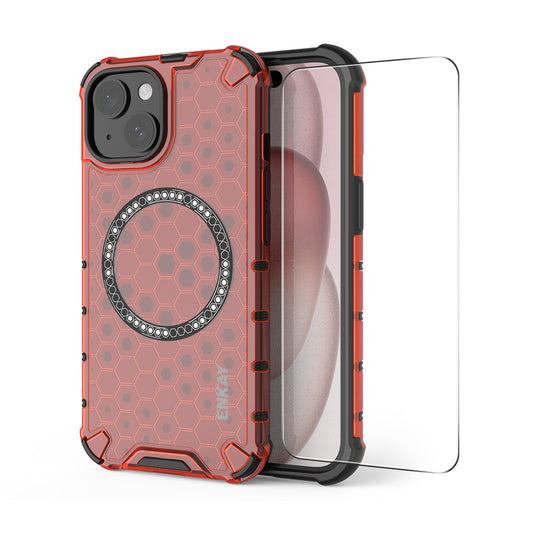 For iPhone 14 Plus ENKAY Hat-Prince Magnetic Case Honeycomb Design TPU+PC Phone Cover + Large Arc Edge Screen Protector - Red