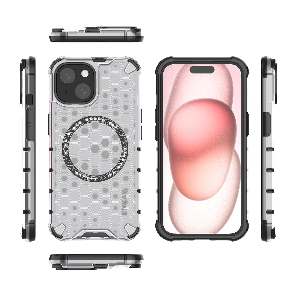 For iPhone 14 Plus ENKAY Hat-Prince Magnetic Case Honeycomb Design TPU+PC Phone Cover + Large Arc Edge Screen Protector - Red