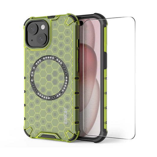 For iPhone 14 Plus ENKAY Hat-Prince Magnetic Case Honeycomb Design TPU+PC Phone Cover + Large Arc Edge Screen Protector - Green
