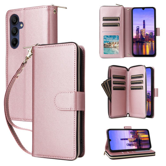 R20 For Samsung Galaxy A16 5G / A16 4G Case Zipper Pocket PU Leather Cover with 9 Card Slots - Rose Gold