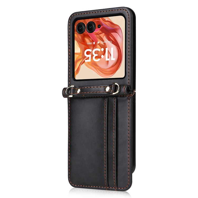 For Motorola Razr 50 5G / Razr 2024 5G Case Card Slots Leather Phone Cover with Lanyard - Black