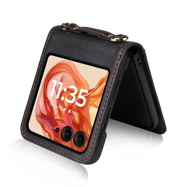 For Motorola Razr 50 5G / Razr 2024 5G Case Card Slots Leather Phone Cover with Lanyard - Black