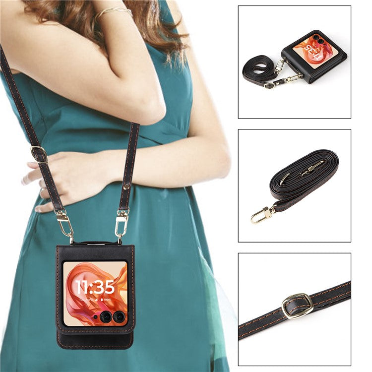 For Motorola Razr 50 5G / Razr 2024 5G Case Card Slots Leather Phone Cover with Lanyard - Black