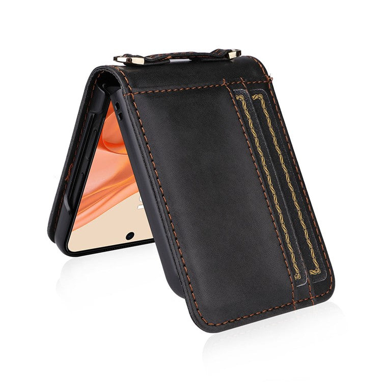 For Motorola Razr 50 5G / Razr 2024 5G Case Card Slots Leather Phone Cover with Lanyard - Black
